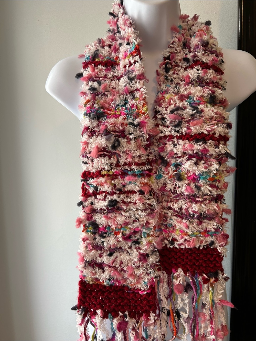 Kids Plush Pink Multicolor Fringe Scarf